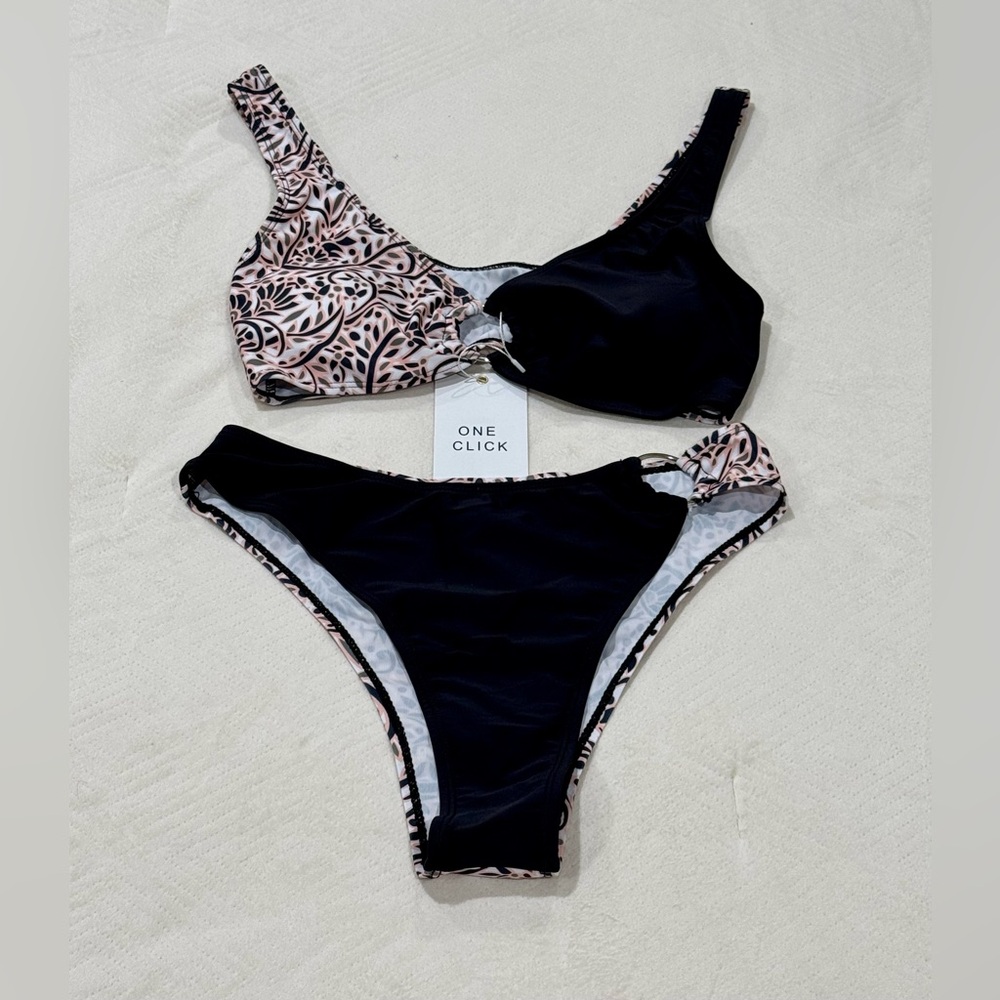 Black and Floral Pink Women's Swimwear